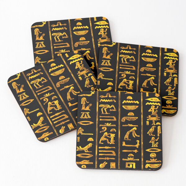 Ancient Egyptian Hieroglyphs (Gold on Black) Coasters (Set of 4)