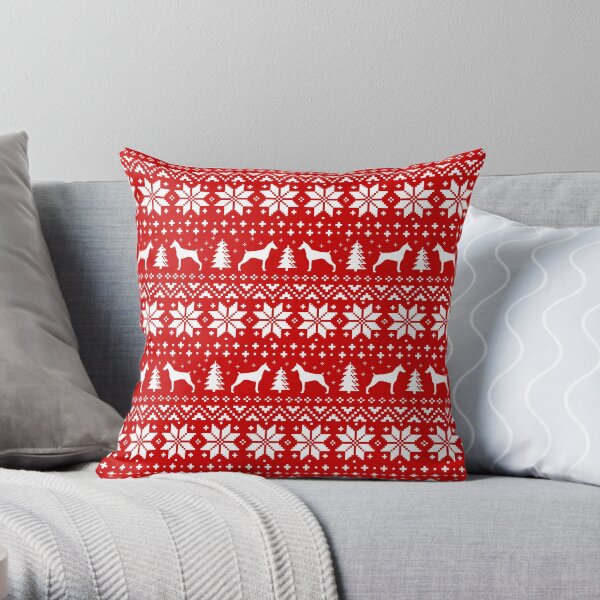 Doberman Pinscher Silhouettes Red and White Christmas Holiday Pattern Throw Pillow
