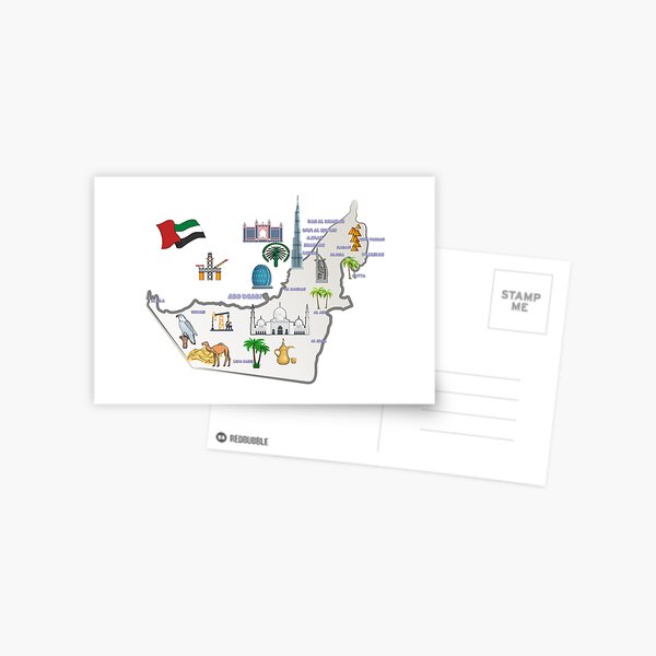 United Arab Emirates Map Landmarks tourist attractions cities flag Postcard