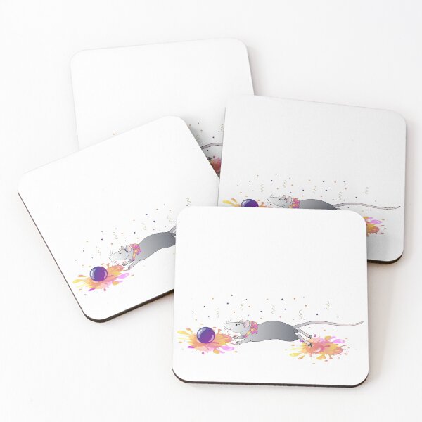 Item preview, Decorative rat with a ribbon on his neck plays with a ball on a background of splashes and confetti designed and sold by DisaAnna.