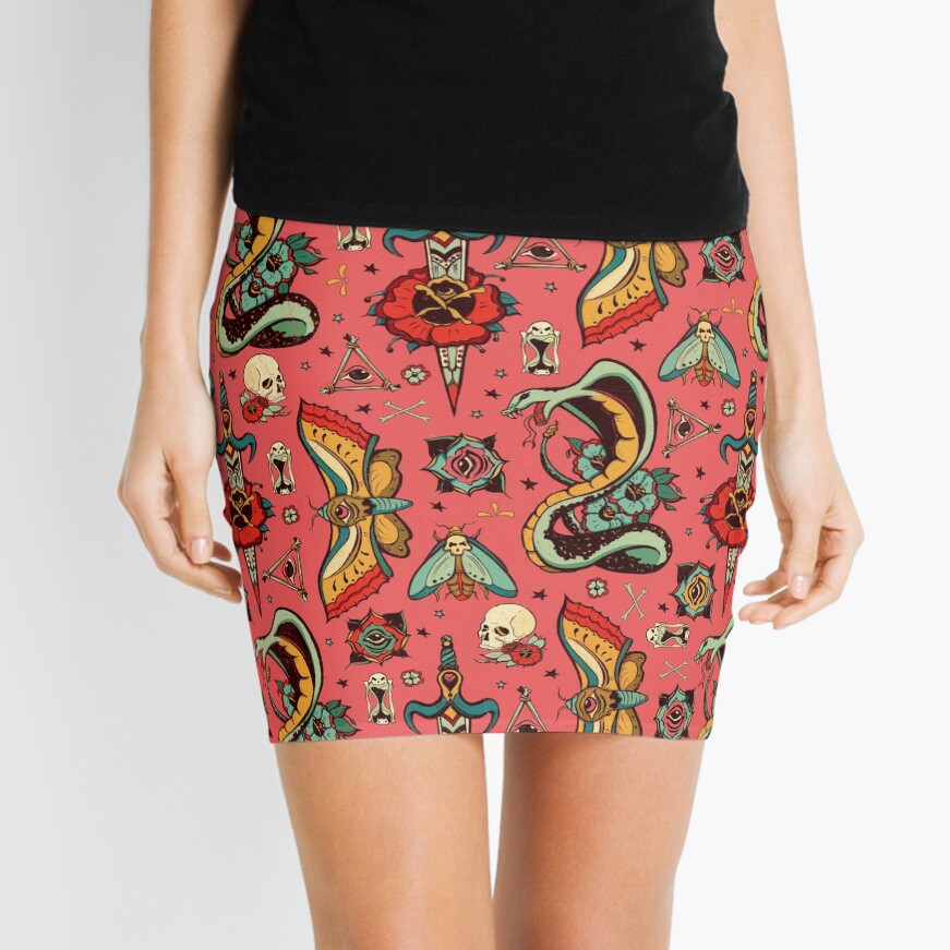 Pink Flash Tattoo Pattern Mini Skirt