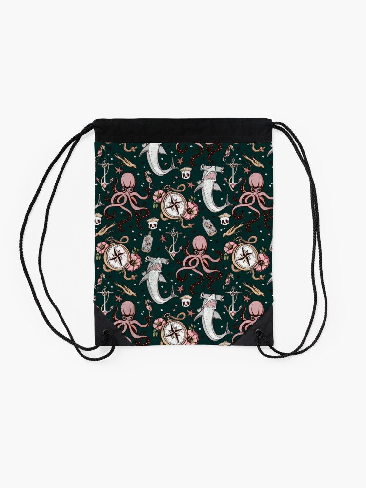Alternate view of Dark Sea Creature Pattern Drawstring Bag