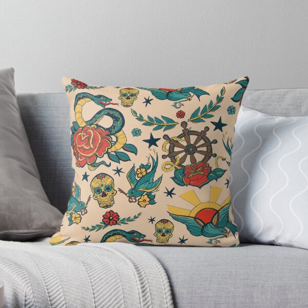 Punk Tattoo Pattern Design and Illustration Throw Pillow