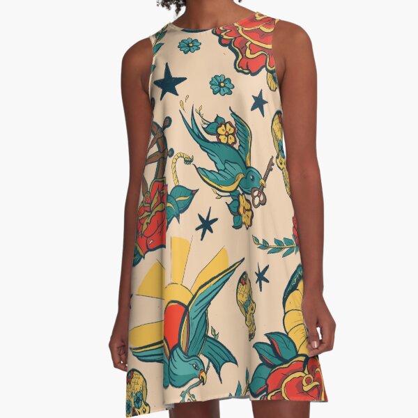 Punk Tattoo Pattern Design and Illustration A-Line Dress