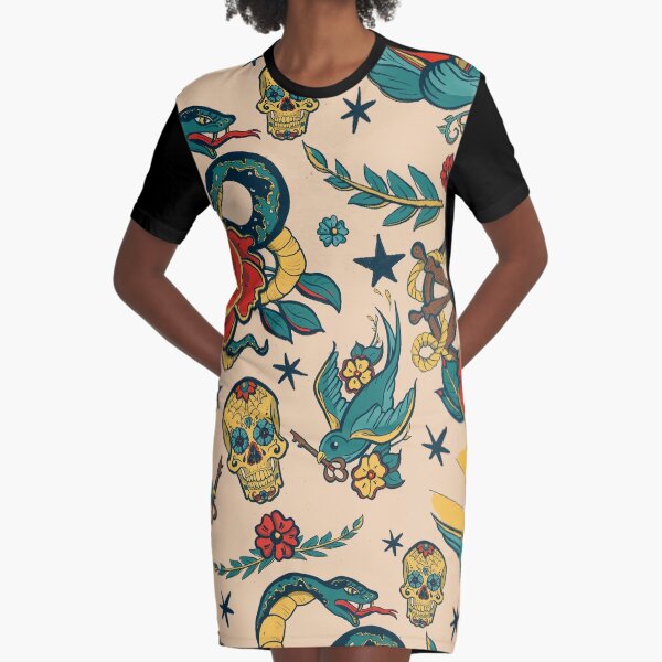 Punk Tattoo Pattern Design and Illustration Graphic T-Shirt Dress