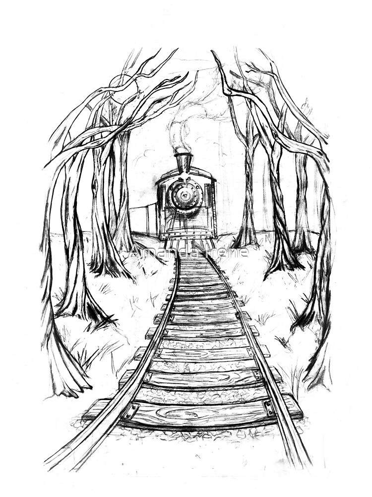 Chemin de fer en bois chemin de fer de chemin de fer d illustration de crayon dans des bois noir et blanc dessin paysage nature sc ne surr aliste