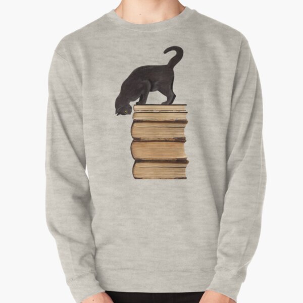 Curious Black Cat on Old Books Pullover Sweatshirt