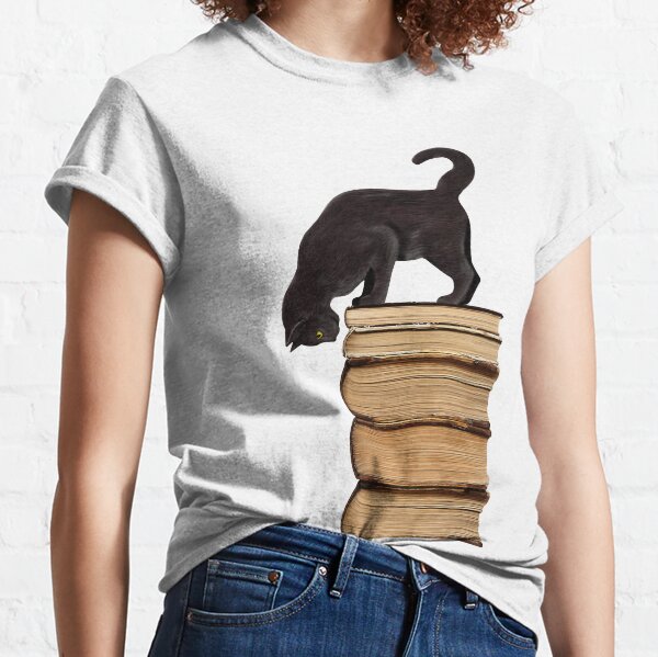 Curious Black Cat on Old Books for Literary Cat Lovers Classic T-Shirt