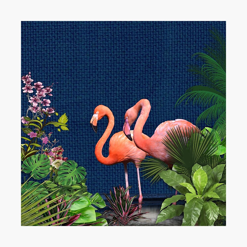 Denim fabric, with pink flamingos printed - flamingo print