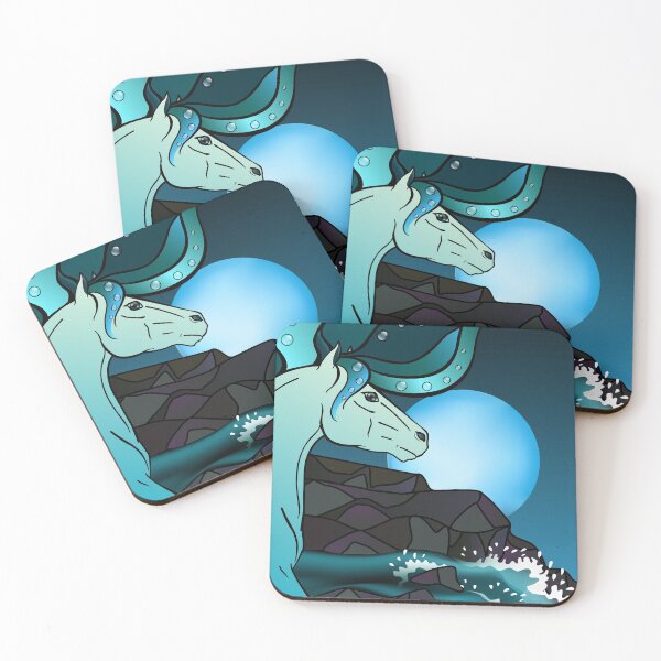 Item preview, Water horse, kelpie near the waterfall on the background of the moon. designed and sold by DisaAnna.