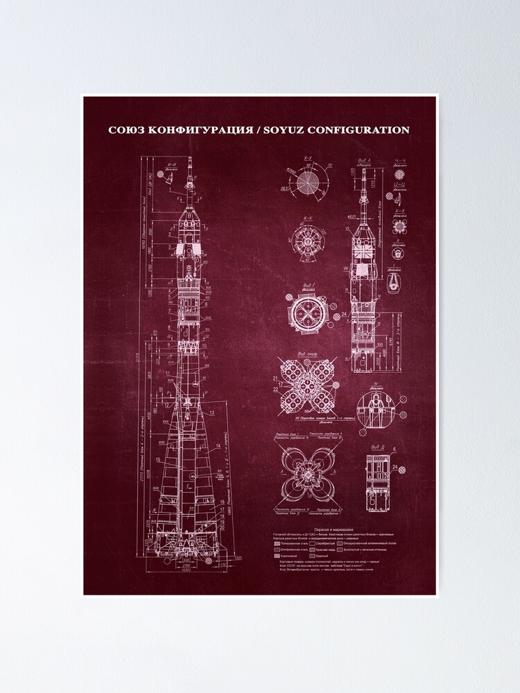 Alternate view of Soyuz Blueprint in High Resolution (red) Poster
